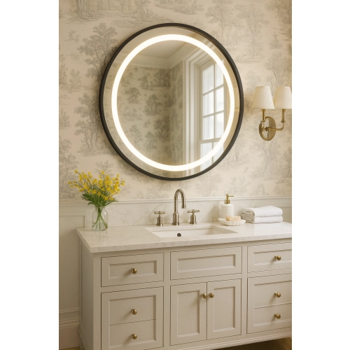 Lustro okrągłe w czarnej matowej ramie mdf z piaskowanym podświetleniem - LAURA LED - kolor ramy do wyboru